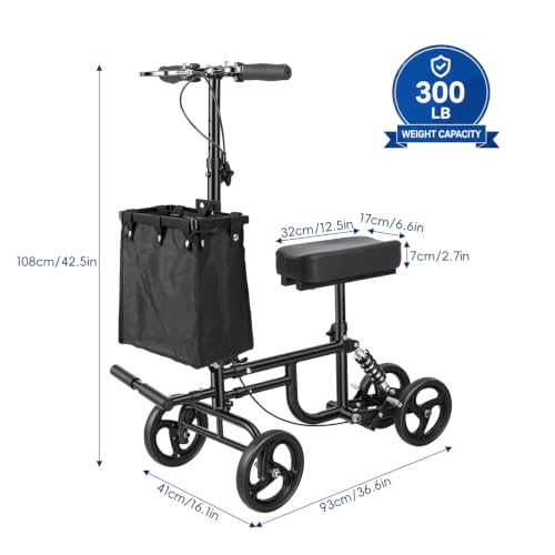 Image of Knee Scooter for Adults Foldable High Carbon Steel Knee Roller Scooter with Shock Absorption & Removable Bag, Adjustable Knee-Scooter for Foot /Ankle Surgery Recovery (Black 2)