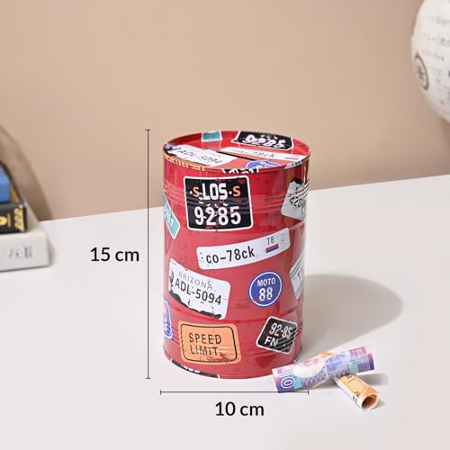 Image of Market99 Round Money Bank | Red Tin Coin Bank with Glossy Finish & Motivational Quote Pattern | Cute & Durable Piggy Bank for Kids, Adults, Home, Office & Desk Decor | Ideal Gifting Solution