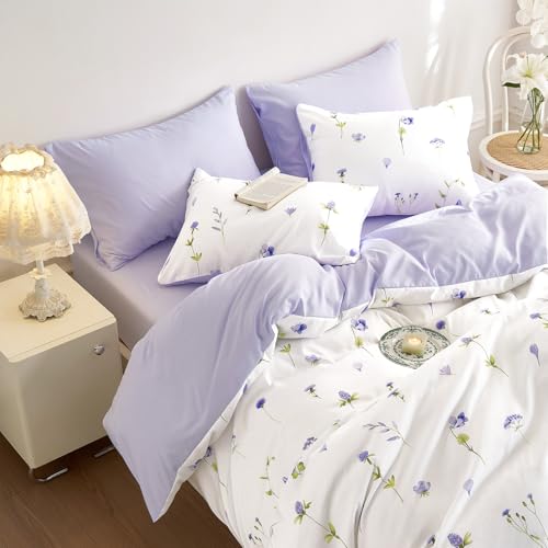 Image of Wake In Cloud - Floral Comforter Set, Cottagecore Cute Aesthetic Watercolor Tiny Flowers and Leaves, Soft Lightweight Bedding for Women Teen Girls, 3 Pieces, Purple, Twin /Twin XL Size