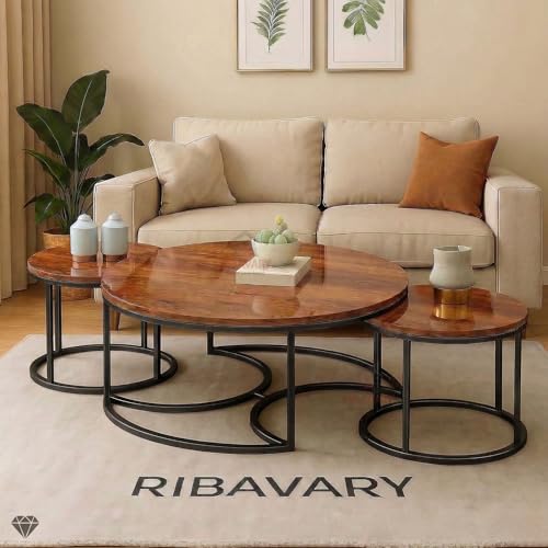 Image of Round Coffee Table Set of 3, Marble Laminated Accent Center Table with Sturdy Metal Base | Modern Foldable Nesting Stacking Tables for Living Room, Bedroom, or Apartments (Black-Brown)