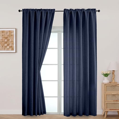 Aiyufeng Navy Blue Curtains 96 inch Length 2 Panels SetLight Filtering Soft Faux Linen Textured Window Curtain with Rod Pocket for Living Room Bedroom Farmhouse Semi Sheer Airy Drapes52Wx96L 5PCS
