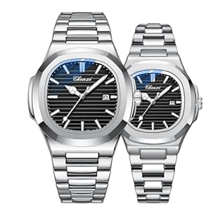 Luxury Couple Watches His and Hers Men Women Stainless Steel Matching Pair Quartz Luminous Green Dial Wristwatch Date Waterproof