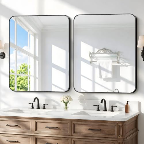 Image of 2pcs Bathroom Mirror, 36 x 30 inch Metal Framed Black Rectangle Mirror, Rounded Corner Rectangular Vanity Mirror, Wall Mounted Mirror for Modern Bedroom Living Room