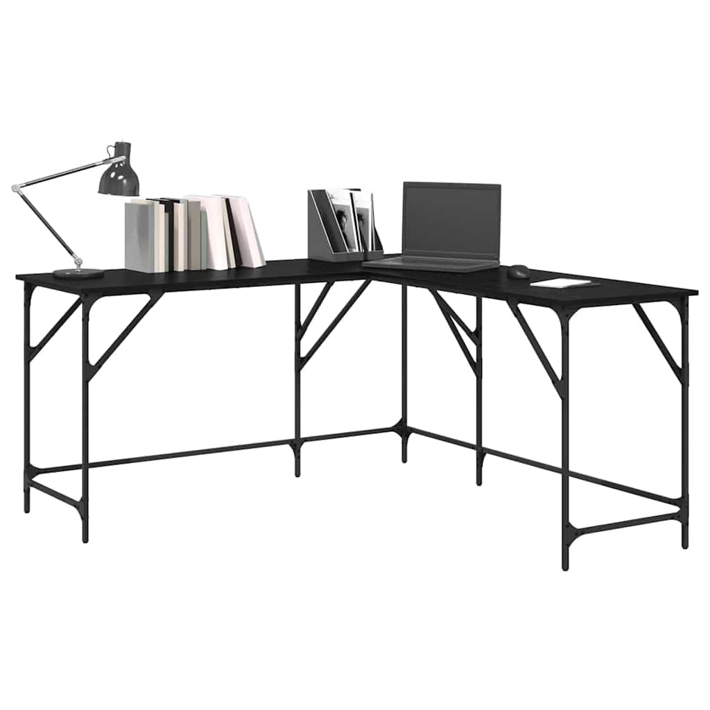 Escritorio esquinero en forma de L de roble negro de 149 x 149 x 75 cm con amplia superficie de trabajo para oficina en casa y oficina, marco de acero resistente, diseño minimalista