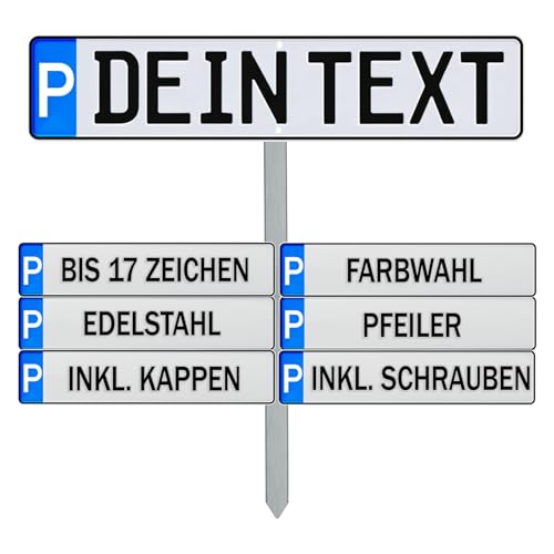 Parkplatzkennzeichen Wunschtext Parkplatzschild mit Halterung Set mit Edelstahl-Pfosten Parkplatz-Kennzeichnung bis zu 17 Zeichen Kennzeichen P-Kennzeichen Schild Wunschprägung Einschlagpfosten