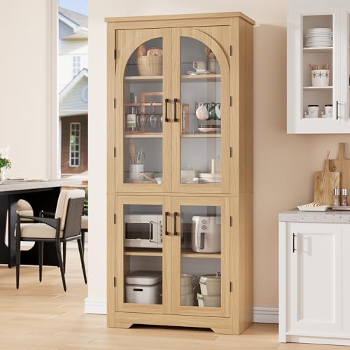 Garvee 70" Tall Kitchen Pantry Cabinet - Modern Display Cabinet with 4 Arched Glass Doors and Adjustable Shelves, Versatile Cupboard Organizers for Ki