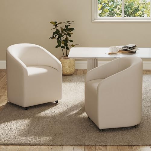 BESTANO White Barrel Dining Room Chairs with Swivel Casters Set of 2 Linen Upholstered Modern Dining Chairs with Arms Back Accent Side Chairs for Living Room Kitchen Bedroom, Beige