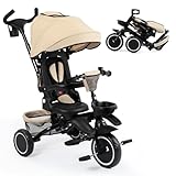 TODEFULL Folding Kids Tricycle, 8 in 1 Toddler Trike W/Removable & Adjustable Canopy, Parent Handle, 5-Piont Harness, Toddler Bike Tricycle for Kids 1-6 Years, EVA Wheels, Storage Basket, Khaki