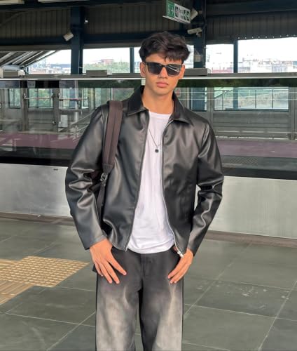Image of Men's Faux Leather Jacket | Premium PU Leather Casual Winter Jacket for Men | Stylish Zip-Up Streetwear Biker Outerwear for Travel Party Riding Daily Wear