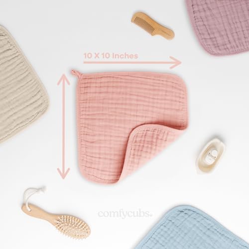 image for Comfy Cubs Muslin Baby Washcloths 10 Pack - Soft 6-Layer Cotton Wash C