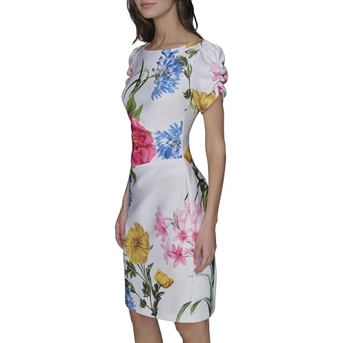 Image of KARL LAGERFELD Short Ruched Sleeve Jewel Neck Sheath Mini Dress