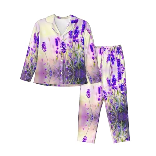 Ensemble de pyjama 2 pièces floral lavande raffiné à manches longues au toucher soyeux