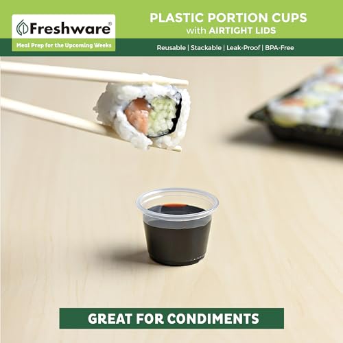 Image of Freshware Plastic Portion Cups with Lids [1 Ounce, 200 Sets] Disposable Plastic Cups for Meal Prep, Salad Dressing, Jellos Shot Cups, Souffle Cups, Condiment and Dipping Sauce Cups