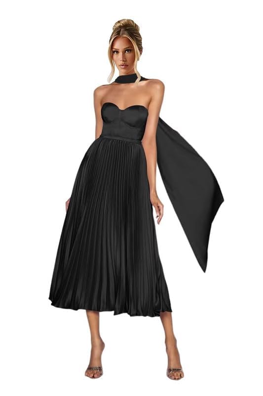 LECOYOYO Satin Strapeless Bridesmaid Dresses with Scraf Tea Length A Line Pleated Formal Wedding Guest Dress