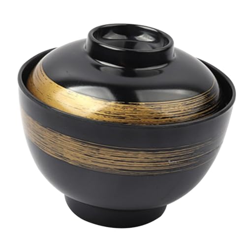 Mipcase 日式伝統スープボウル 蓋付き 安定滑り止め設計 滑らかで な手触り 業務用レストラン対応 黒亀甲柄