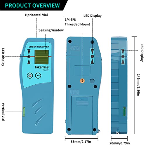 Takamine Laser Receiver For Laser Level - Green Laser And Red Beam Receiver For Pulsing Line Lasers, Three-Sided Smart Led Displays, Adjustable Speaker, Two-Sided Level Bubble Bottle, Clamp Included #TOP1