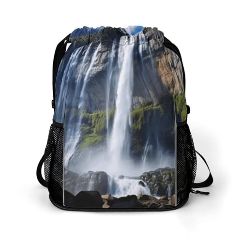 Beautiful Waterfall Drawstring Backpack, Dry Wet Separate Gym Bag Unisex Sports Drawstring Bag for Work, Fitness