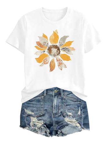 Image of Anbech Womens Dandelion Graphic T-Shirts Teen Girls Cute Sunflower Print Casual Tee Tops