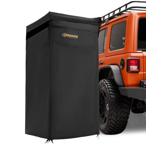 BUNKER INDUST Vehicle Side Shower Tent with Roof Car Portable Privacy Shower Bathroom Outdoor Camping Awning Shower Room Waterproof Built-in LED Light for Night Black