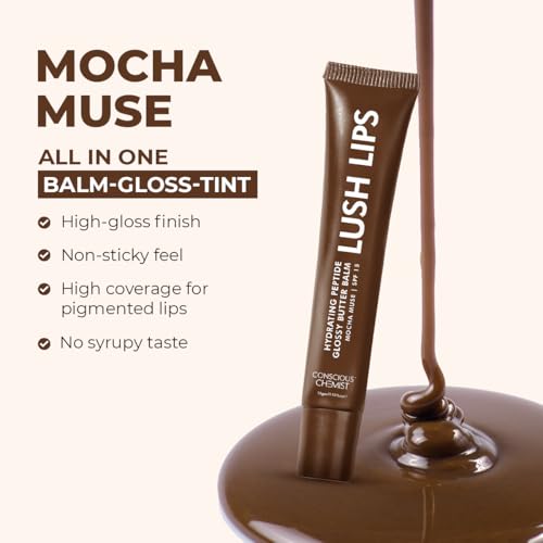 Image of Conscious Chemist Peptide Lip Balm SPF15 - Mocha Muse | 24 hr Hydration & Moisturizing Lip Balm for Dark & Pigmented Lips | Sun Protection | Soothes Dry Lips & Repair Moisture Barrier - 15g, Brown