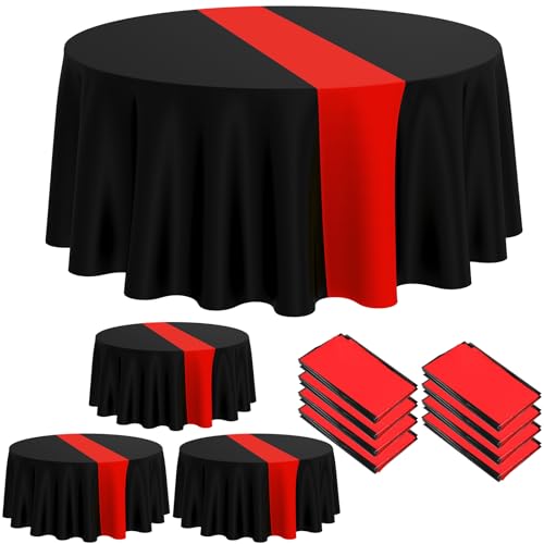 Image of Remagr 8 Pcs Round Plastic Tablecloth 84 Inch Disposable Tablecloth Party Table Cover for Graduation Wedding Birthday Retirement Decoration (Black,Red)