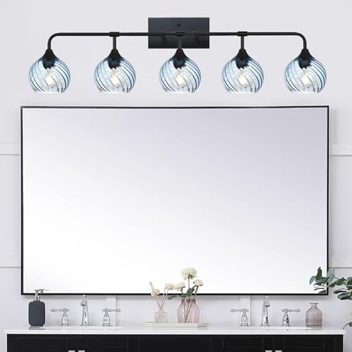 Image of MELUCEE 5-Light Bathroom Light Fixtures 42 Inches, Matte Black Vanity Lights with Blue Striped Swirl Glass Shade, Mid-Century Modern Bathroom Vanity Light Over Mirror