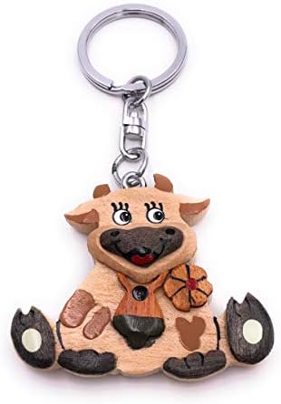 H-Customs Linda Granja de Vacas sentada con Madera Noble Hecho a Mano Llavero Colgante