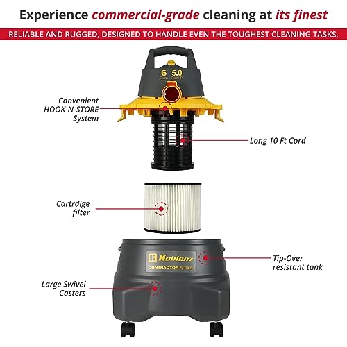 Koblenz Contractor Wet/Dry Vac, 6 Gallon Tip-Resistant Tank,5.0Hp, Gray+Yellow (Wd-6 C212) #TOP4