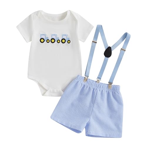 Baby Boys Tractor Outfit Toddler Summer Clothes Embroidery Romper + Suspender Plaid Shorts 2 Pieces Set