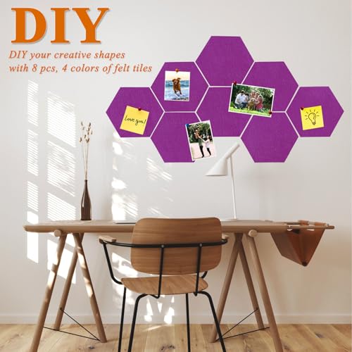 HULAVO 8 Pcs Hexagon Felt Cork Bulletin Board Tiles, Self Adhesive DIY Bulletin Board Pin Board for Office School Home Wall Decor Memos Photos Display(Light Purple) — view 3