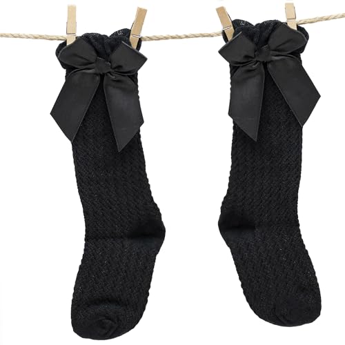 Calcetines Altos De Algodón Con Lazo Para Niños, Medias altas con lazo para niños, Calcetas de algodón, Medias infantiles con lazo decorativo, Algodón, Transpirable, Apto hasta 3 años, Negro