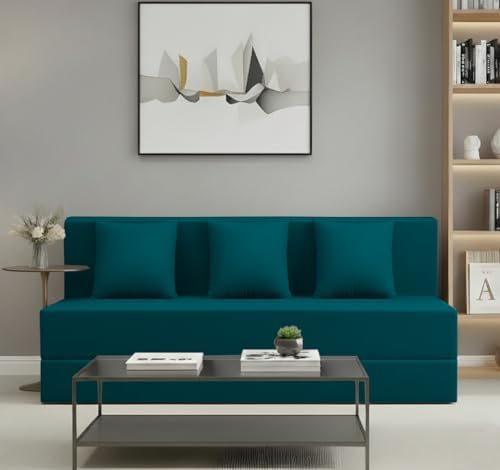 AMATA Instant 3 Seater Foldable Sofa Cum Bed Ocean bluesuede Velvet Fabric with 2 Pillow Perfect for Home Living Office Room and Guests (3 Year Warranty) (Ocean Blue, Instant 3 Seater Sofa Cum Bed)