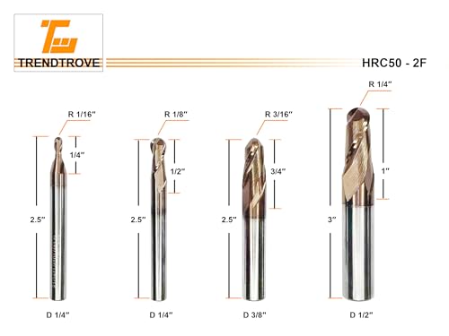 Image of Ball Nose Carbide End Mill, 2 Flute, HRC50, TiSiN Coated, CNC Router Bits for Hardened Steel, Stainless Steel, Alloy Steel, Aluminum, Metal - (1 /8 inch 1 /4 inch 3 /8 inch 1 /2 inch) Diameter (1 /2 inch Diameter)