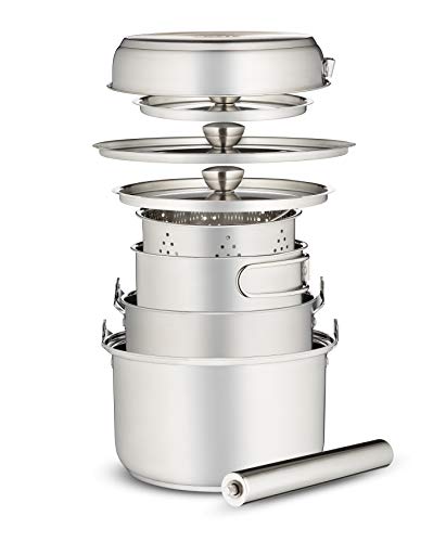 Camping Cookware Set 304 Stainless Steel 8-Piece Pots & Pans Open Fire Cooking Kit | Frying Pan Steamer With Travel Tote Bag | Compact For Outdoors & Indoors Kitchen Family Campfire Hiking Rv #TOP1