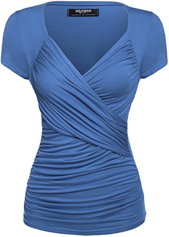 Zeagoo Women's Cross-Front V Neck Ruched Short Sleeve Blouses Shirts Tops S-XXL
