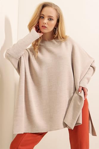 Image of Women's Crew Neck Batwing Sleeve Split Hem Oversized Knit Poncho Sweater