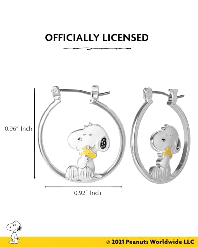Peanuts Snoopy Earrings for Women Official License, Silver Flash-Plated Hoop Earrings with a Snoopy and Woodstock Accessory4