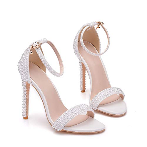 DEAR-JY Haut talons aiguilles pour femmes,11 cm Boucle simple avec des chaussures, sandales en perles blanches à talons hauts,chaussures de mariée,chaussures de soirée sexy,Blanc,38 Cover