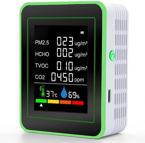 Prefessionall Indoor Air Quality Monitor, 6 in 1 Air Quality Tester, Indoor Air Quality Meters for CO2 HCHO AQI PM2.5 Temperature Humidity, Highly Accurate Air Quality Meter for School, Office
