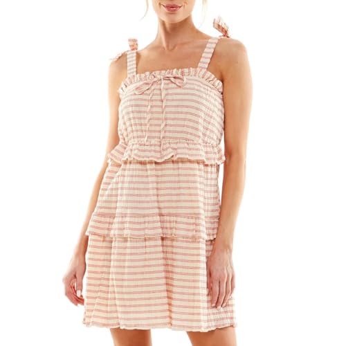 Image of june & hudson Ruffle Tiered Striped Sundress, Mini Dress with Shoulder Straps, Pink and White