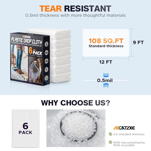 12 x 9 Ft Plastic Drop Cloths (6-Pack) - Disposable Painter's Sheeting & Tarps for Painting, Waterproof Furniture/Couch/Floor Protection - Image 5