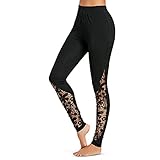 JMSUN Women Sheer Lace Insert Fitted Pants Black
