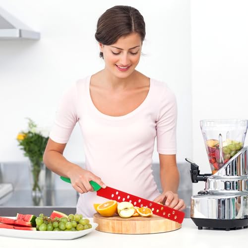 DECHOUS Watermelon Knife with Sleeve: Long Serrated Watermelon Knife for Melon Cutting - Kitchen Fruit Melon Cutter Slicer for Home Summer Party Fruit Serving (Red Green)