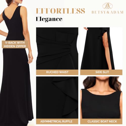 Image of Betsy & Adam Women's Long Bodycon Sleeveless Boat Neck Evening Gown with Side Slit Ruffle