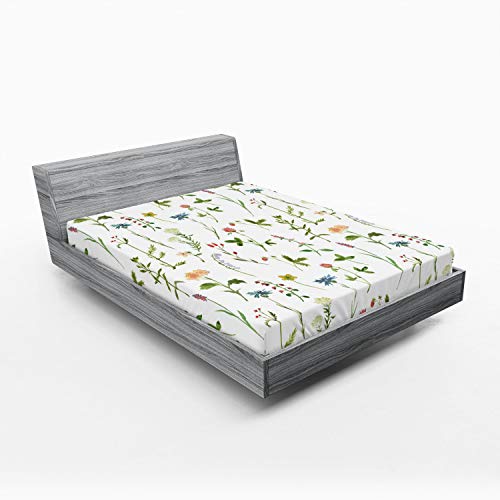 Ambesonne Floral 2 Pack Fitted Sheet, Herb Flowers Watercolors, Bed Cover All-Round Elastic Deep Pockets 2 Pieces, Package Contains 2 Full Size Fitted Sheets, Yellow Green