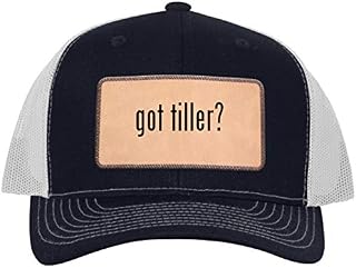 got Tiller? - Leather Light Brown Patch Engraved Trucker Hat NavyWhite, One Size