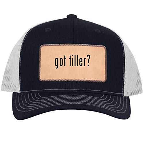 got Tiller? - Leather Light Brown Patch Engraved Trucker Hat NavyWhite, One Size