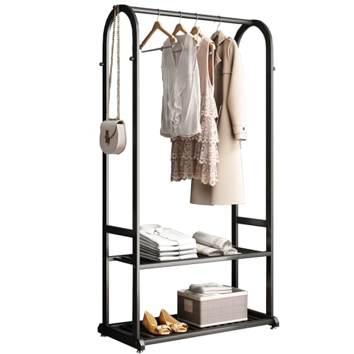 Portant Vêtements sur Pied Métal Noir, Porte-Vêtements Robuste Haut de Gamme avec 2 Étagères et 6 Crochets, Design Arqué Élégant, Grande Hauteur pour...