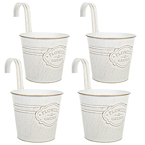 CITÉTOILE Juego de 4 macetas colgantes grandes para balcón con agujero de drenaje, macetas colgantes de metal para plantas, flores, macetas para colgar, vintage, color blanco
