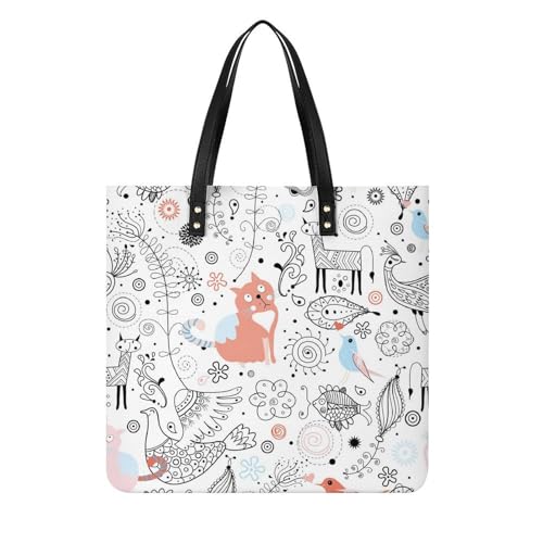 Sac à main femmes avec motif renard poisson oiseau grand tote bag 39x39cm